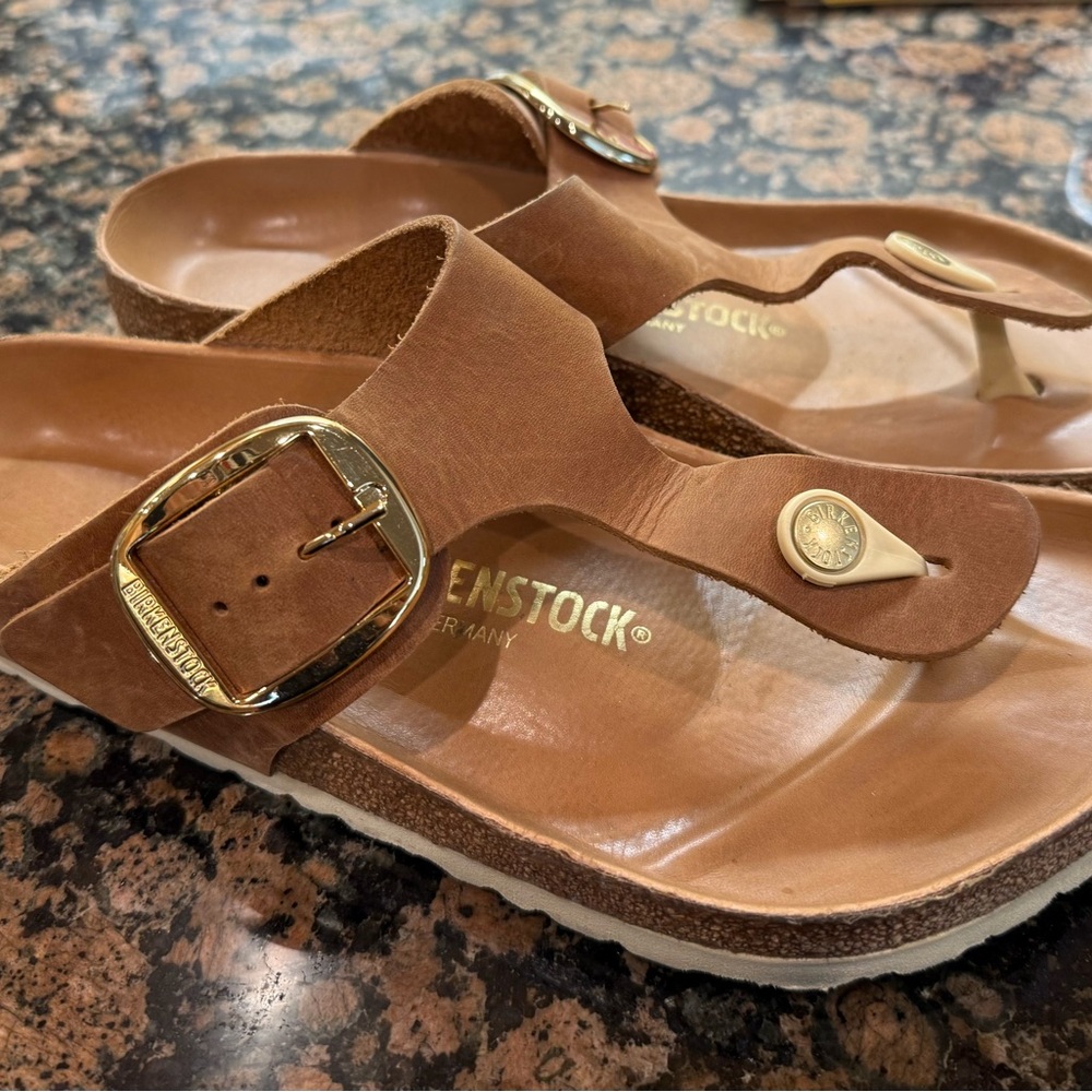 Birkenstock Cognac Leather Thong Sandals with Gold Buckles